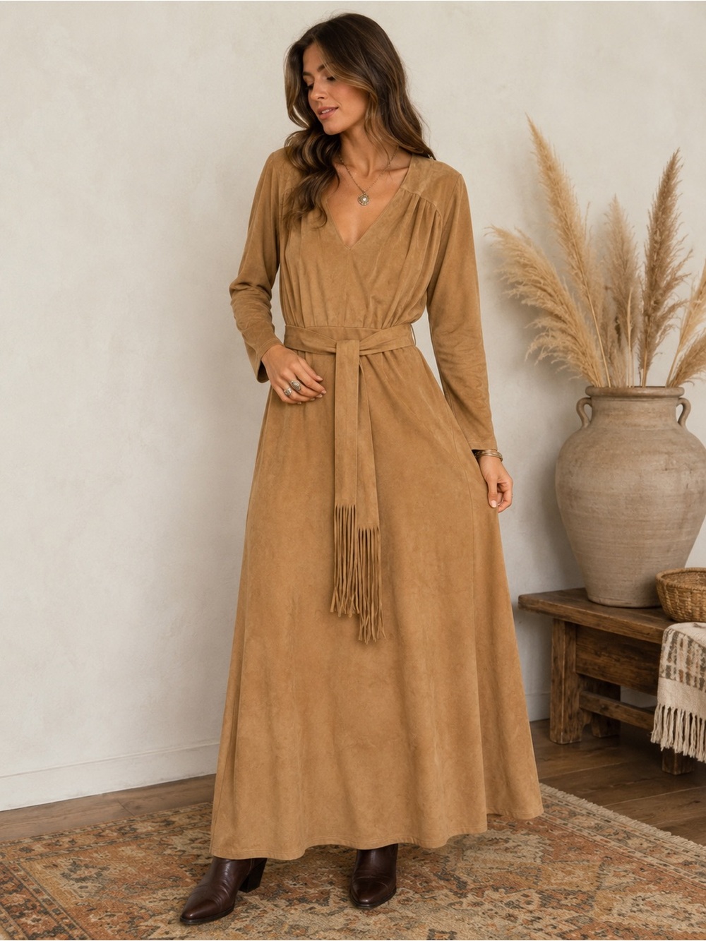 Vintage Handmade Long Sleeve V-Neck Faux Suede Maxi Dress in Camel Size S or M